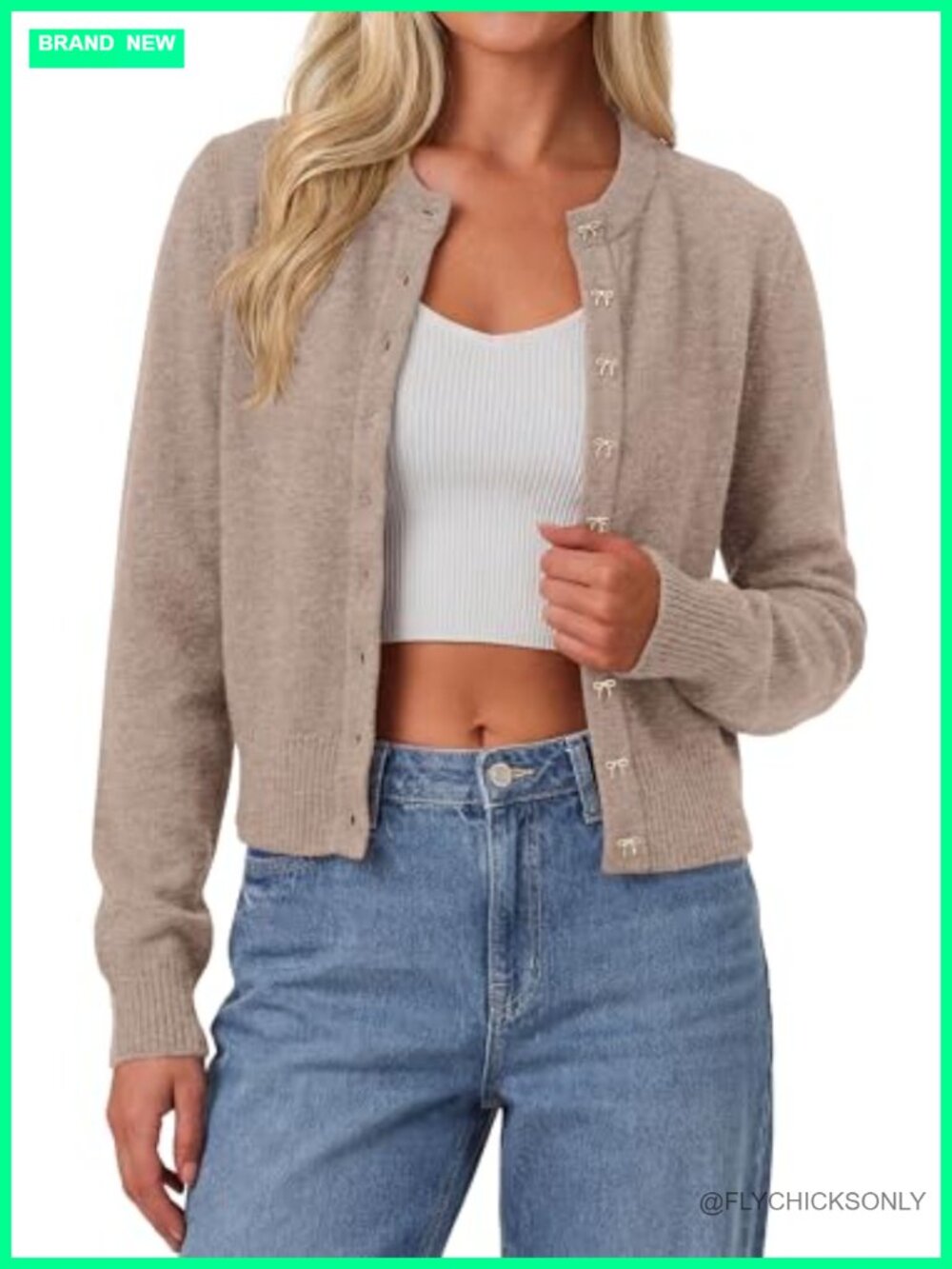 Cropped Knit Cardigan Sweater with Bow Buttons
